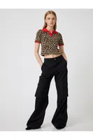 Koton Polo Neck Sweater Leopard Patterned Piping Short Sleeve