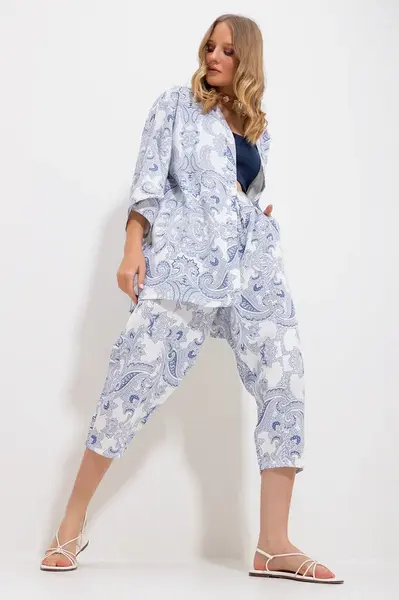 Trend Alaçatı Stili Women's Indigo Patterned Kimono With Jacket And Trousers Linen Woven Bottom Top Set