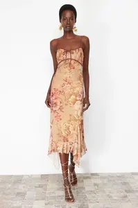 Trendyol Multicolored A-Line Floral Patterned Ruffle Knitted Tulle Dress