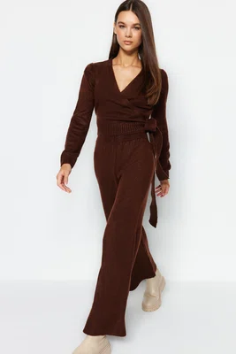 Trendyol Brown Crop Wide Pattern Double Breasted Tie Detailed Knitwear Top-Bottom Set