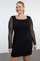 Trendyol Curve Black Square Neck Sleeves Tulle Knitted Plus Size Dres