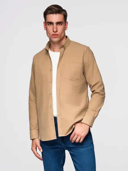 Ombre Men's REGULAR FIT cotton shirt with pocket - light brown