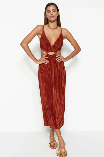 Trendyol skořice v pase otvor / skejťák okno / střih pletený detailní stylové večerní šaty s lemováním