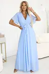 545-2 Long dress with pleated neckline and tie - light blue