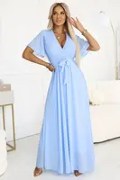 545-2 Long dress with pleated neckline and tie - light blue