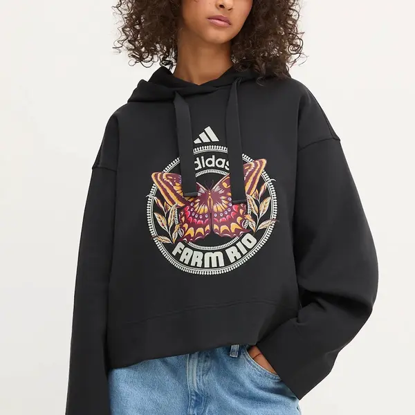 Mikina adidas x Farm Rio dámská, černá barva, s kapucí, vzorovaná, JL8607