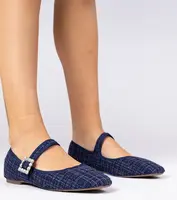 Gemre Navy blue women's ballet flats with buckle and crystals Piona