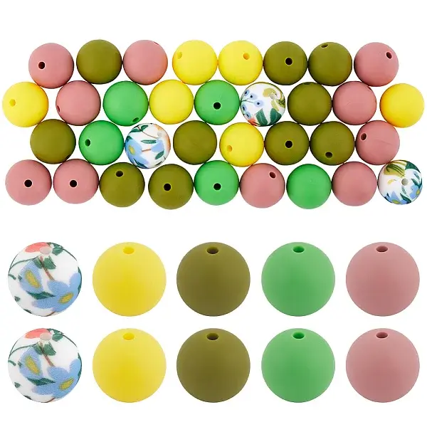 50Pcs 5 Colors Round Food Grade Eco-Friendly Silicone Focal Beads