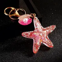 Diamond-Studded Starfish Shell Car Zinc Alloy Keychain Acrylic Cute Men and Women Bag Pendant Metal Keychain Ring Gift