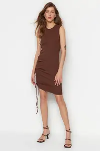 Trendyol Brown Crew Neck Fitted, Shirring Detailed Ribbed Flexible Mini Knitting Dress