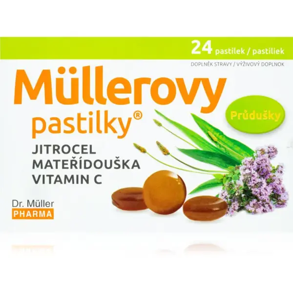 Dr. Müller Müllerovy pastilky® jitrocel, mateřídouška a vitamin C pastilky při potížích s hlasem 24 ks