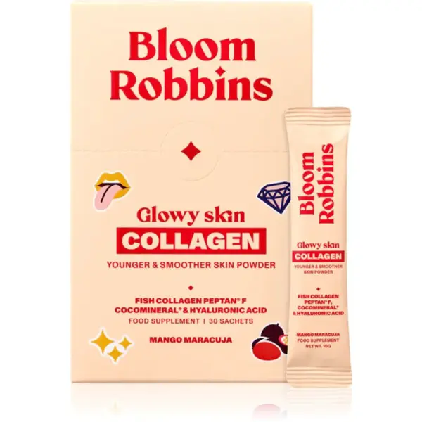 Bloom Robbins Glowy skin COLLAGEN YOUNGER & SMOOTHER SKIN POWDER prášek pro krásnou pleť příchuť Mango Maracuja 30 ks