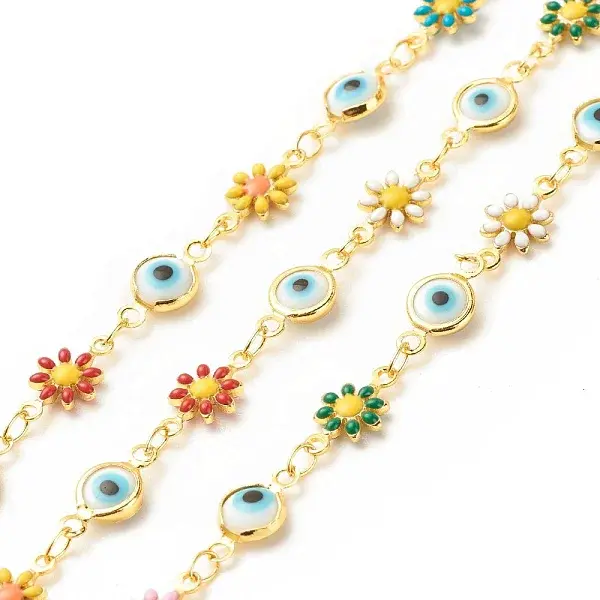Enamel Flower and Glass Evil Eye Link Chain