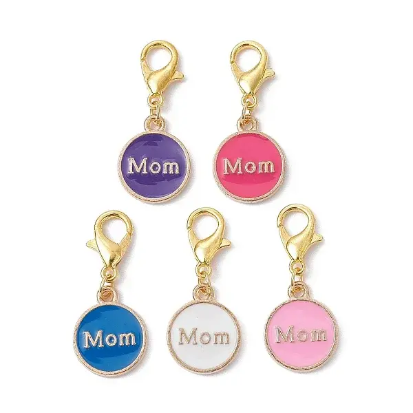 Mother's Day Flat Round with Word Mom Alloy Enamel Pendant Decorations