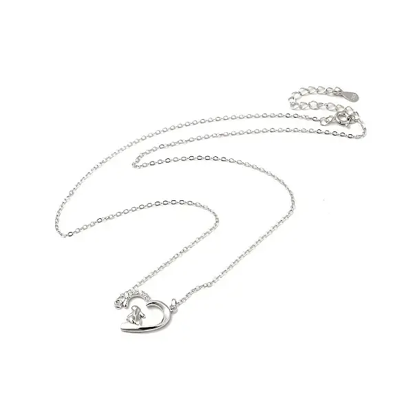 Rhodium Plated 925 Sterling Silver Rabbit with Heart Pendant Necklace with Clear Cubic Zirconia for Women