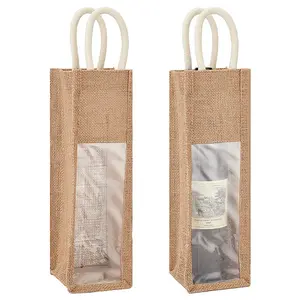 Jute Wine Storage Drawstring Pouches with PVC Clear Window