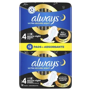 ALWAYS Ultra Secure Night hygienické vložky (velikost 4) s křidélky 12 ks