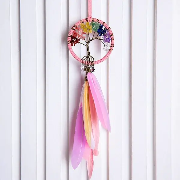 Tree of Life Wrapped Natural Gemstone Chips Woven Web/Net with Feather Decorations