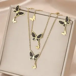 Butterfly 304 Stainless Steel Pendant Necklaces & Stud Dangle Earring & Link Bracelets Sets