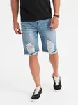 Ombre Men's short denim shorts with rips and holes - light blue