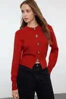 Trendyol Dark Red Premium Yarn/Special Yarn Crop Rose Buttoned Jacket-Look Knitwear Cardigan