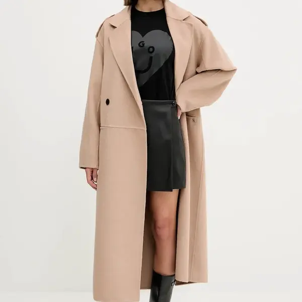 Kabát s příměsí vlny HUGO Meluma-1_DF béžová barva, 50542299