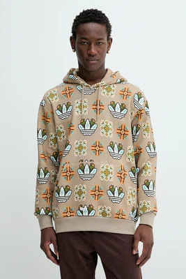 Mikina adidas Originals Graphic Lo Hd pánská, béžová barva, s kapucí, vzorovaná, JW1084