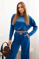 Kesi Włoski Dámská souprava z veluru s širokými nohavicemi a mikinou s kapucí chabrová