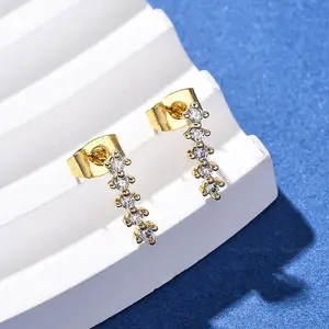 Brass Micro Pave Clear Cubic Zirconia Stripe Stud Earrings