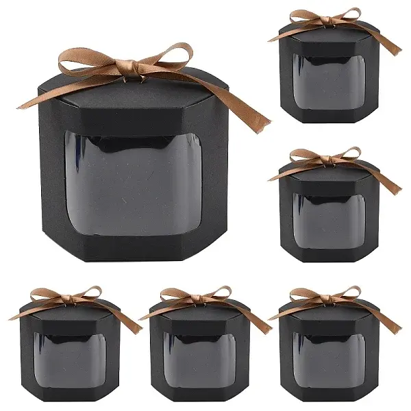10Pcs Hexagon Kraft Paper Cake Boxes with Visual Window and Ribbon