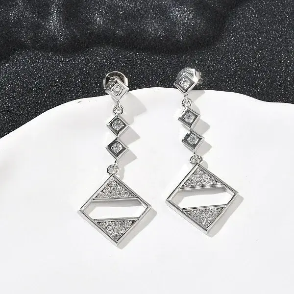 Rhombus Brass Micro Pave Clear Cubic Zirconia Dangle Stud Earrings