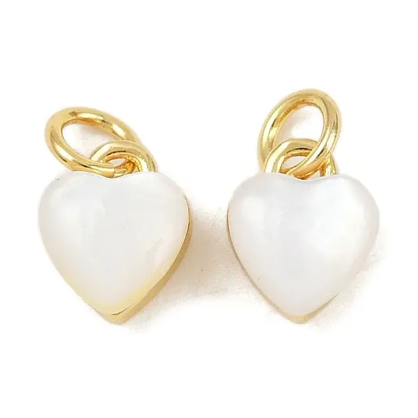 Brass Pave Natural White Shell Heart Charms with Jump Rings