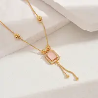 Fashionable Vintage Brass & Glass Tassel Rectangle Pendant Necklaces for Women