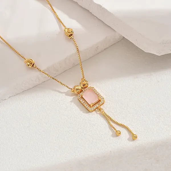 Fashionable Vintage Brass & Glass Tassel Rectangle Pendant Necklaces for Women