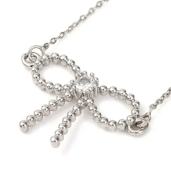 Brass Clear Cubic Zirconia Bowknot Pendant Necklaces