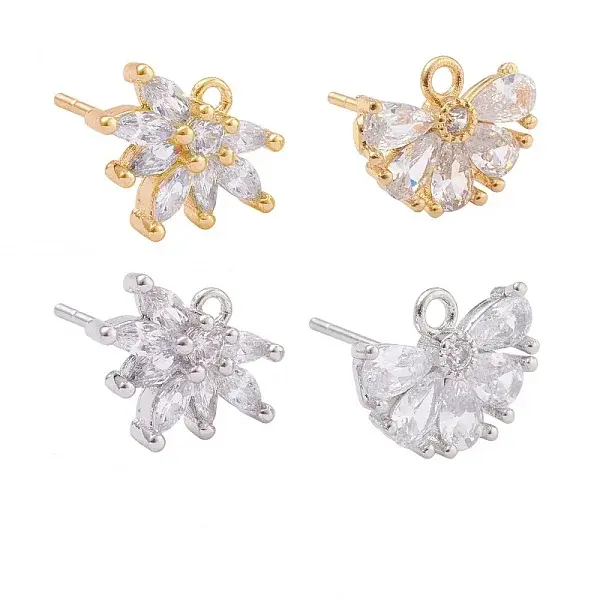 4 Pairs 2 Style Brass Micro Pave Clear Cubic Zirconia Stud Earring Findings