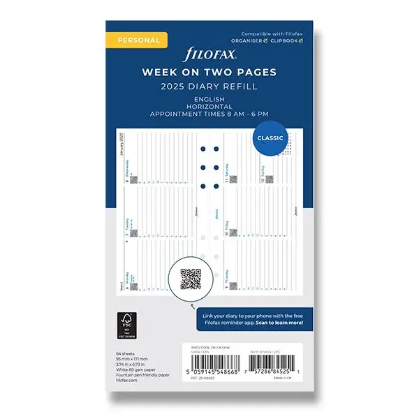 Týdenní kalendář 2025, týden/ 2 strany, Aj - horizonální, náplň osobních diářů Filofax