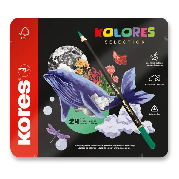 Trojhranné pastelky Kores Kolores Selection - plechová krabička, 24 barev