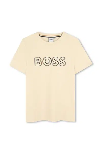 Dětské bavlněné tričko BOSS béžová barva, s potiskem, J52034