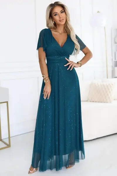 635-1 MELANIA long, shiny dress with a neckline and short sleeves - bottle green