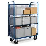 Vysoký vozík s policemi a 3 síťovanými bočnicemi