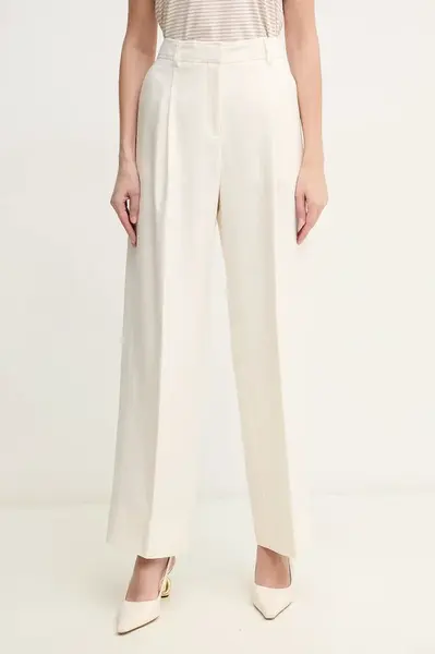 Kalhoty s příměsí lnu BOSS Orange béžová barva, high waist, 50546207