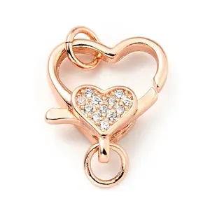Brass Micro Pave Clear Cubic Zirconia Heart Lobster Claw Clasps