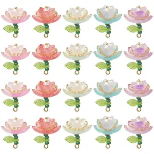60Pcs 5 Colors Glass Lotus Flower Pendants