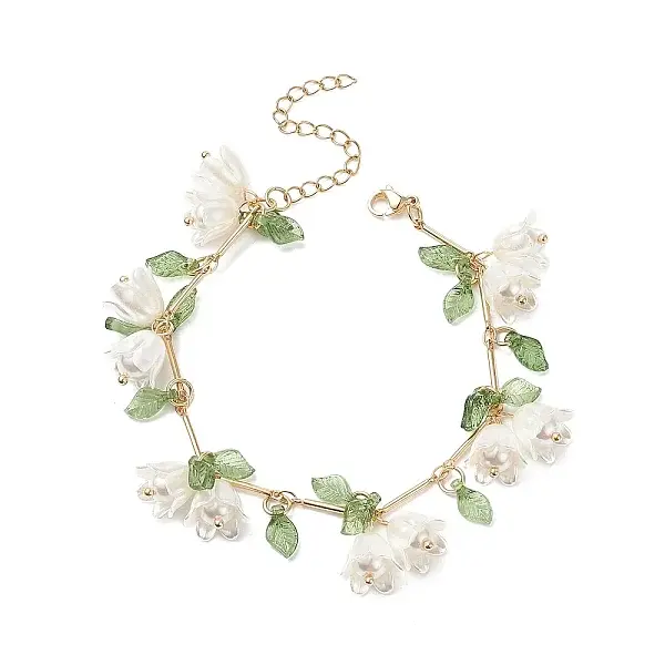 Shell Pearl Flower with Leaf Charm Bracelet with Bar Link Chains
