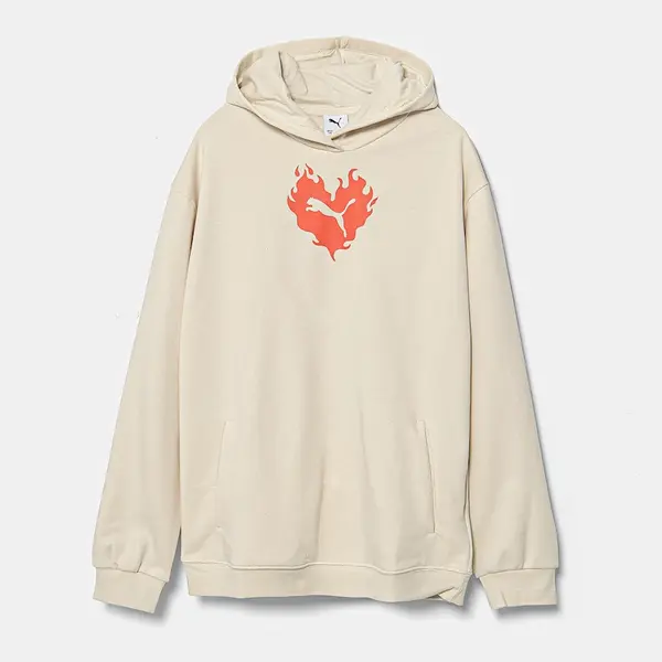 Bavlněná mikina Puma FLAMING LOVE Hoodie TR béžová barva, s kapucí, s potiskem, 685109