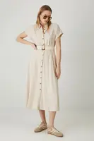 Šaty s příměsí lnu Medicine béžová barva, midi