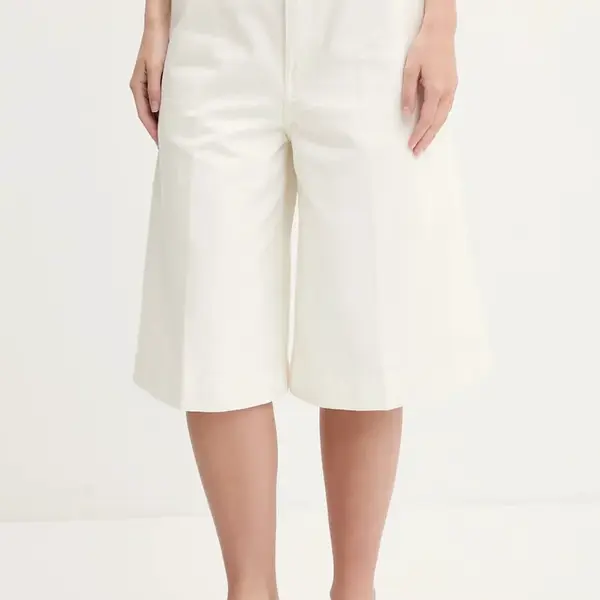 Bavlněné šortky HUGO dámské, béžová barva, high waist, 50535348