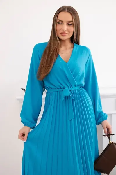 Kesi Włoski Šaty zviazané plisovaným lemom tyrkys
