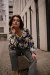 Marisse Black Floral V-Neck Sweatshirt